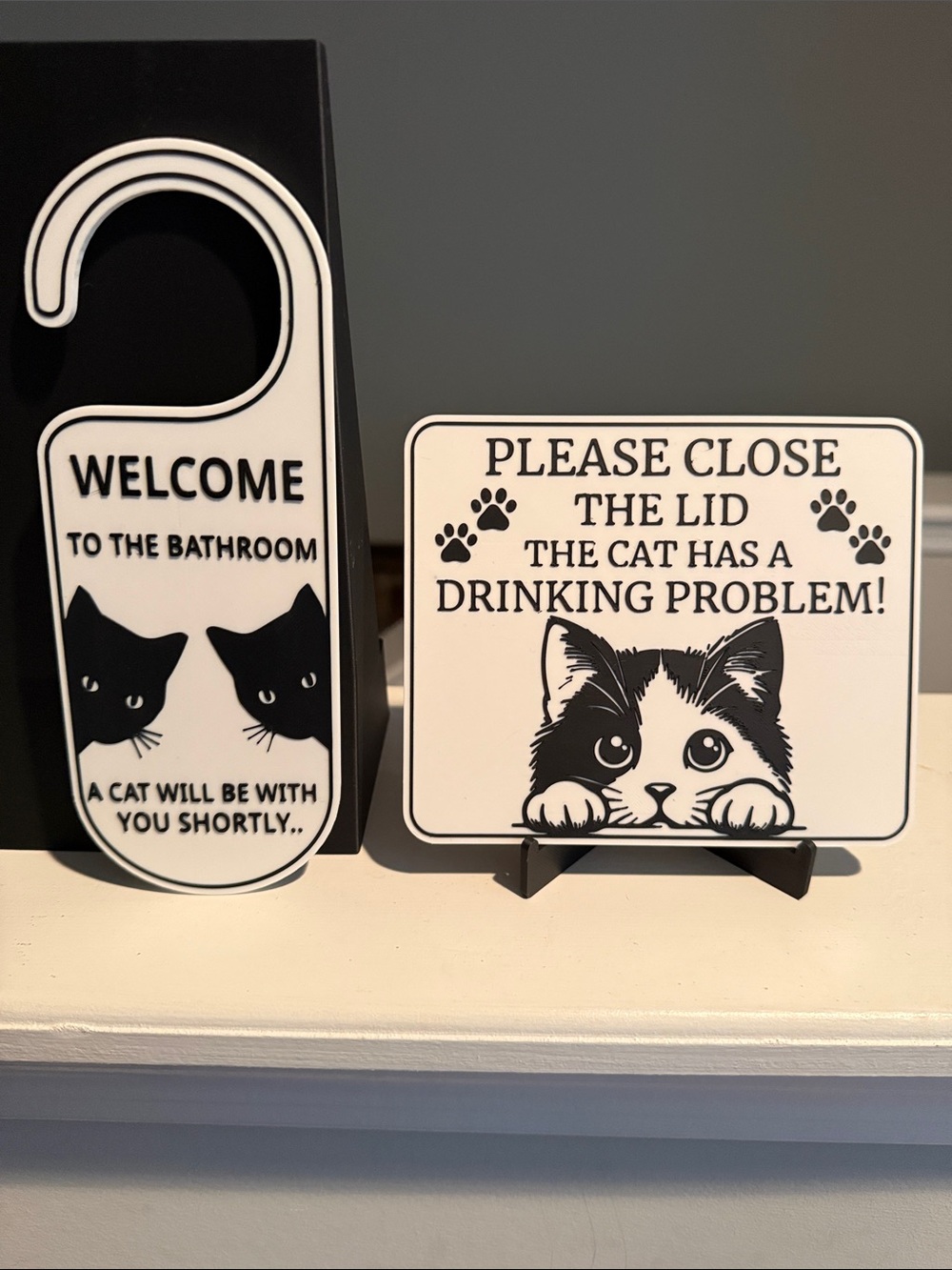 Black & White Cat Bathroom Signs - Funny Door Hanger and sign